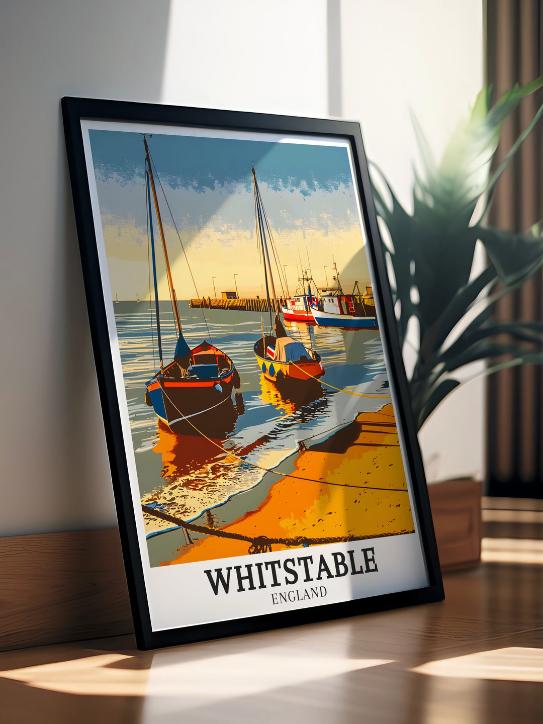 Whitstable Harbour scenic print depicting the busy quayside and serene waterfront. This print brings the lively and joyful essence of Whitstable Harbour into your home, perfect for beach lovers and travellers.