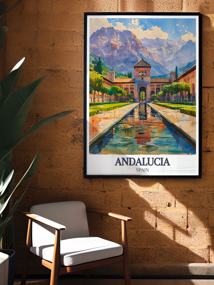 This Alhambra Palace travel poster brings the breathtaking views of Andalucia into your home, with detailed illustrations of its ornate architecture and the surrounding Sierra Nevada Mountains.