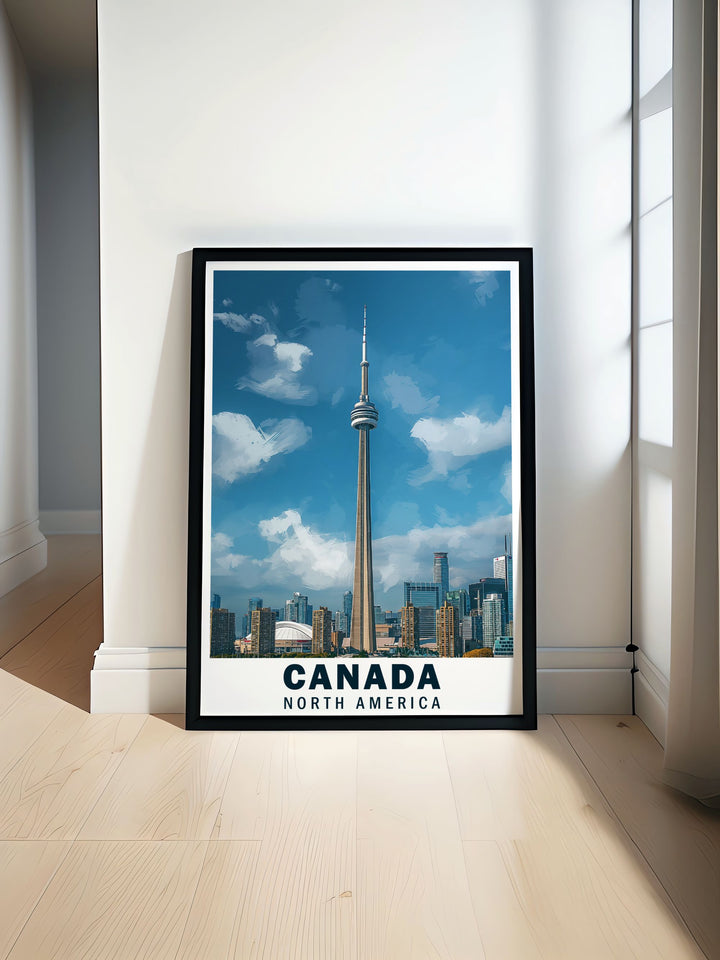 This poster artfully depicts the CN Tower and its role in Toronto's skyline, offering a perfect blend of urban landscapes and architectural landmarks for your decor.