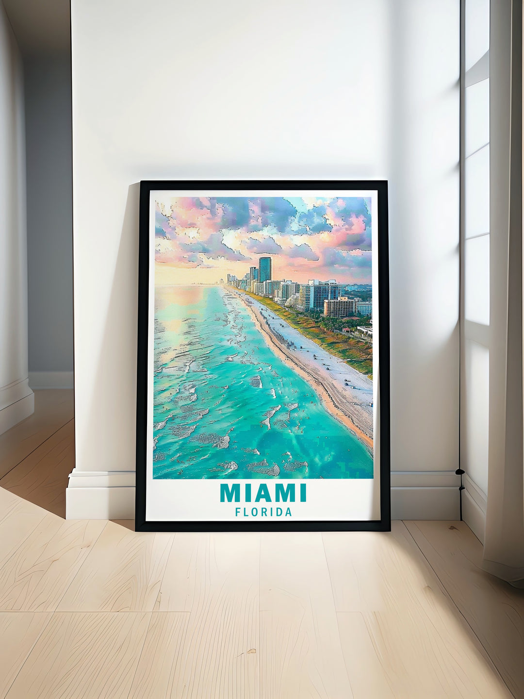 The Miami Travel Poster offers a striking visual of South Beach, ideal for adding a splash of Floridas lively atmosphere to your home. Perfect for gifting or personal decor, it brings the beachside vibes straight to your space.