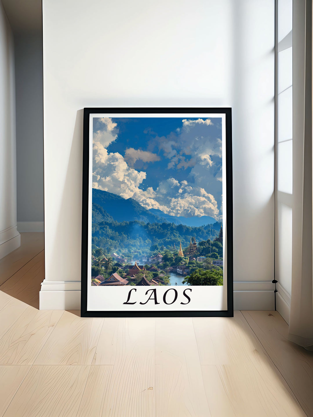 Discover the enchanting beauty of Agios Nikolaos with this Greek Island print perfect for coastal home decor complemented by Luang Prabang modern prints adding cultural elegance to your wall decor and art print collection