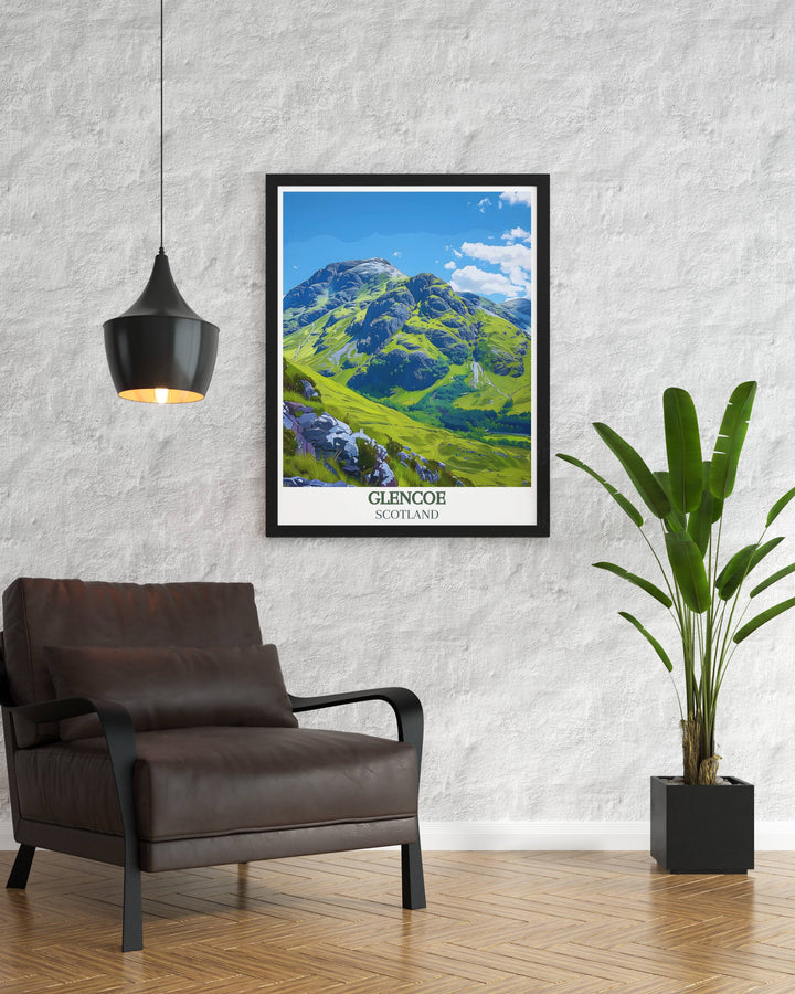 Three Sisters of Glencoe Vintage Travel Print bringing the iconic landscapes of Glencoe Scotland into your home a timeless piece of wall art that celebrates the beauty of Scotland ideal for any travel enthusiast or nature lovers home decor