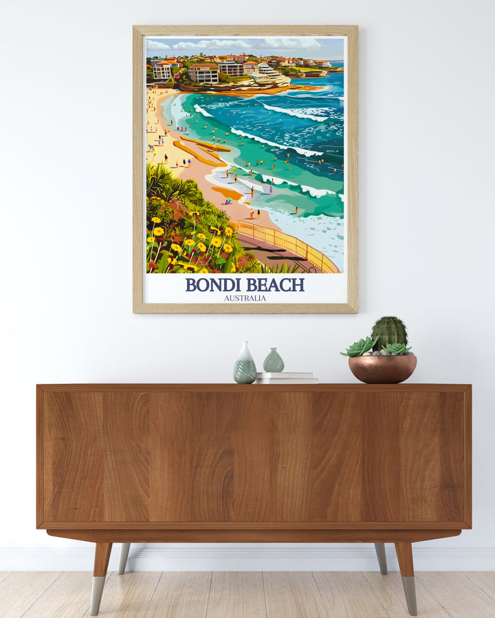 Vintage travel print of Sydney Harbour with the Sydney Opera House and Harbour Bridge. Bondi to Coogee Coastal Walk Bondi gifts provide a beautiful and lively representation of the coastal walk, ideal for art enthusiasts and travelers.