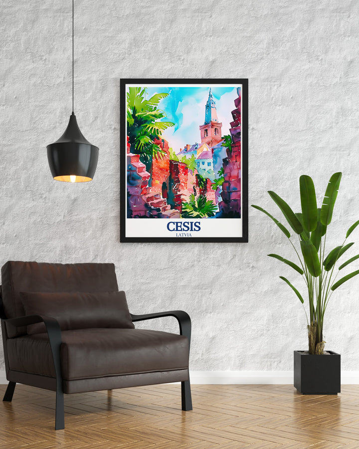 Poster print of Cēsis, Latvia, emphasizing the towns rich history through the depiction of Cēsis Castle ruins and St. Johns Church. This artwork serves as a visual reminder of Latvias medieval heritage, making it a thoughtful and artistic addition to any home.