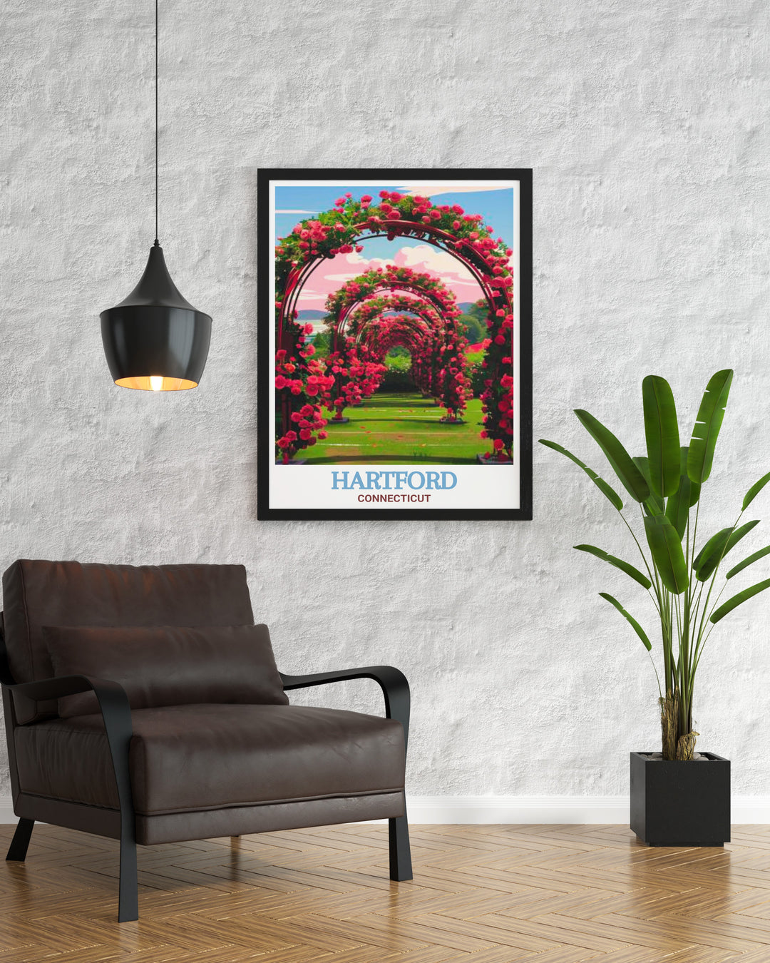 Elizabeth Park framed prints featured alongside a Hartford art print perfect for adding sophistication and charm to any room. The colorful and detailed design captures the beauty of Hartfords landmarks and natural spaces.