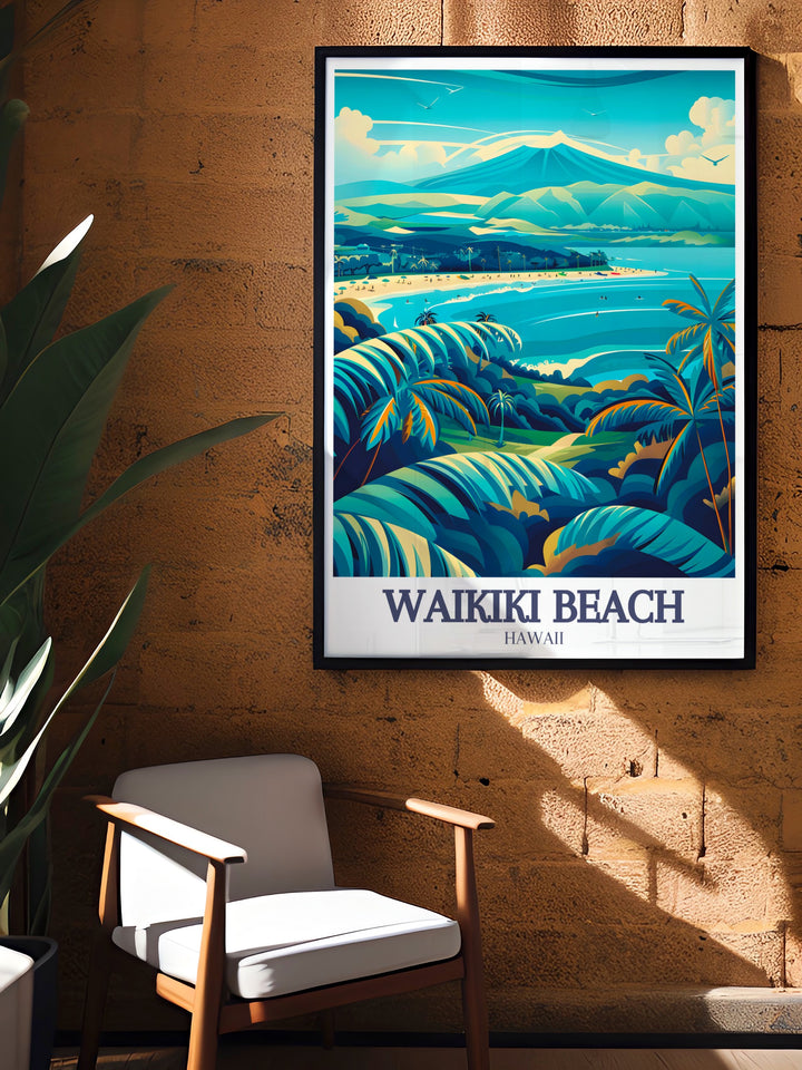 A vibrant Waikiki Beach Travel Print that captures the essence of Hawaiis tropical paradise. This artwork is perfect for adding a splash of color and sunshine to any room, making it a great gift for beach lovers and travelers alike.