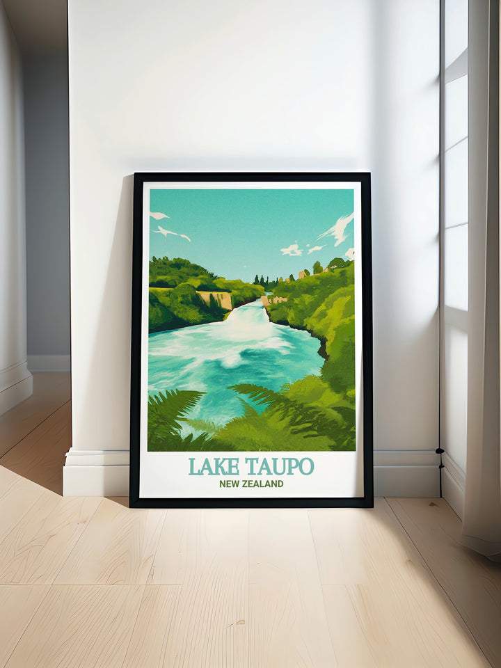 New Zealand Travel Poster displaying the majestic panorama of Lake Taupo at sunset, where golden hues illuminate the sky and water, complemented by the vibrant energy of Huka Falls, creating a compelling visual journey that inspires wanderlust and appreciation for natures grandeur.