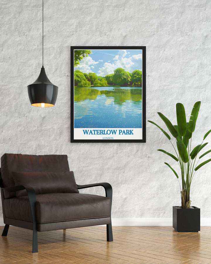 Highgate Ponds Framed Prints along with Waterlow Park Print make for stunning living room decor offering a peaceful retreat within your home while celebrating the timeless beauty of Londons green spaces and historic landmarks