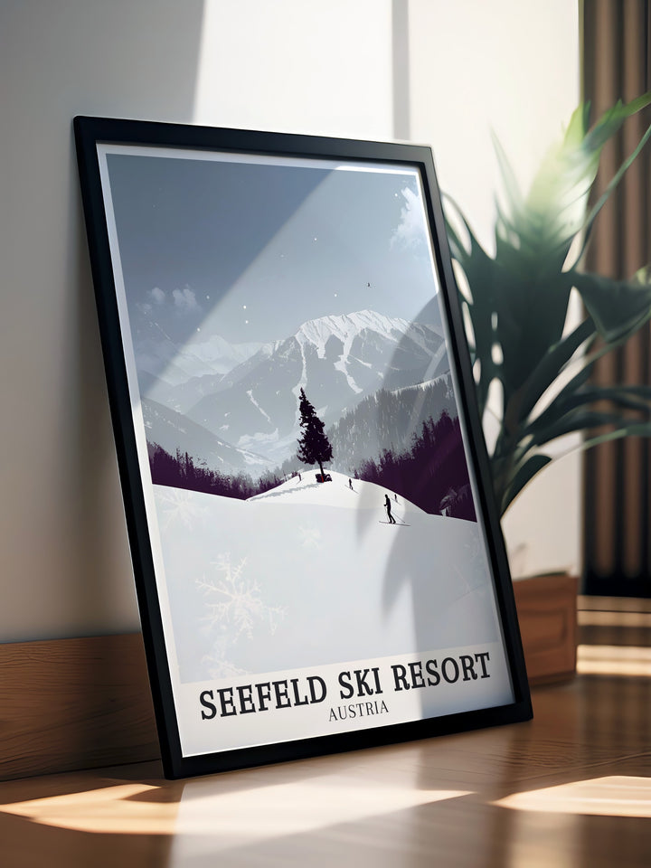 Bring the Austrian Alps Region Seefeld into your home with this detailed Seefeld Ski Resort Art Print. Perfect for skiers and snowboarders who appreciate the slopes of Tyrol Austria and the breathtaking beauty of Gschwandtkopf and Rosshutte in your living room decor.