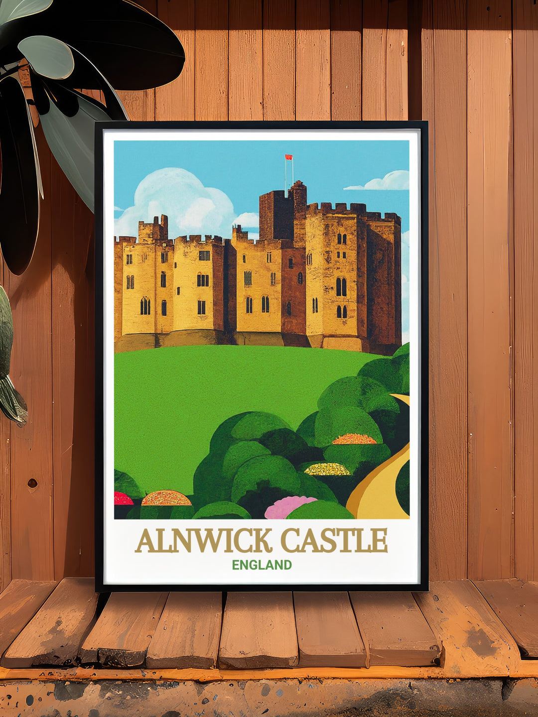 Alnwick Castle Wall Print featuring a detailed rendering of this historic English landmark. The artwork highlights the castles strategic position in Northumberland, blending architectural beauty with the natural surroundings for a captivating visual experience