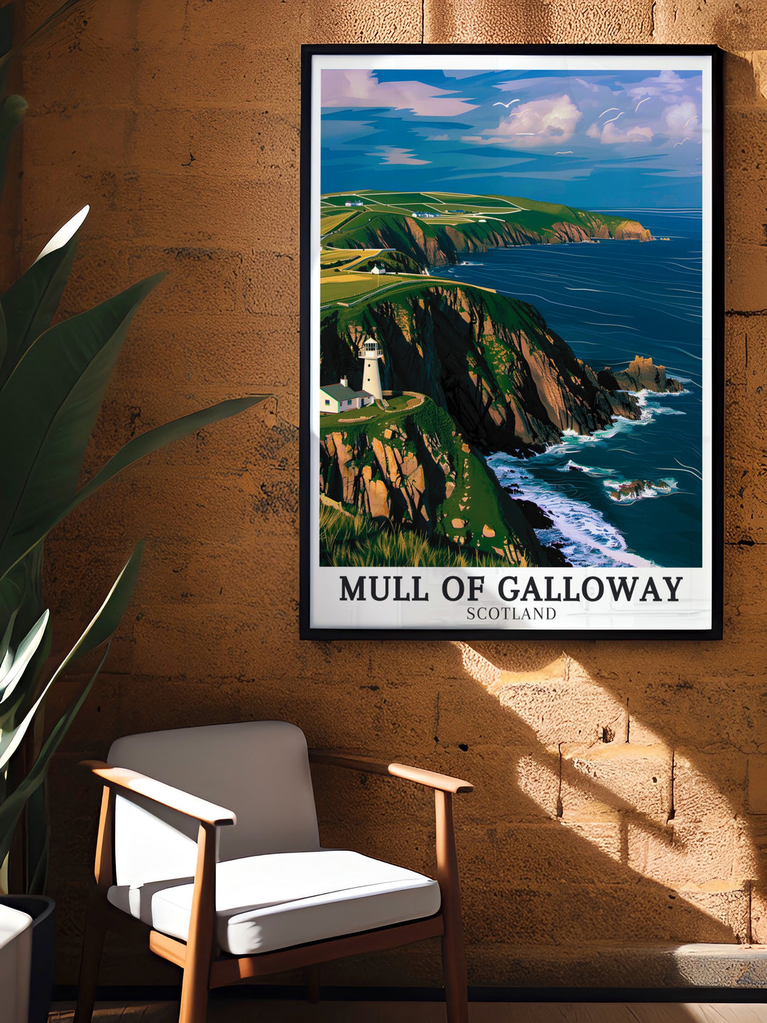 Mull of Galloway Travel Print depicts the expansive views and natural grandeur of Mull of Galloway, offering a visual journey to Scotlands southernmost point. This print is perfect for adventurers and those who dream of exploring Scotlands coast.