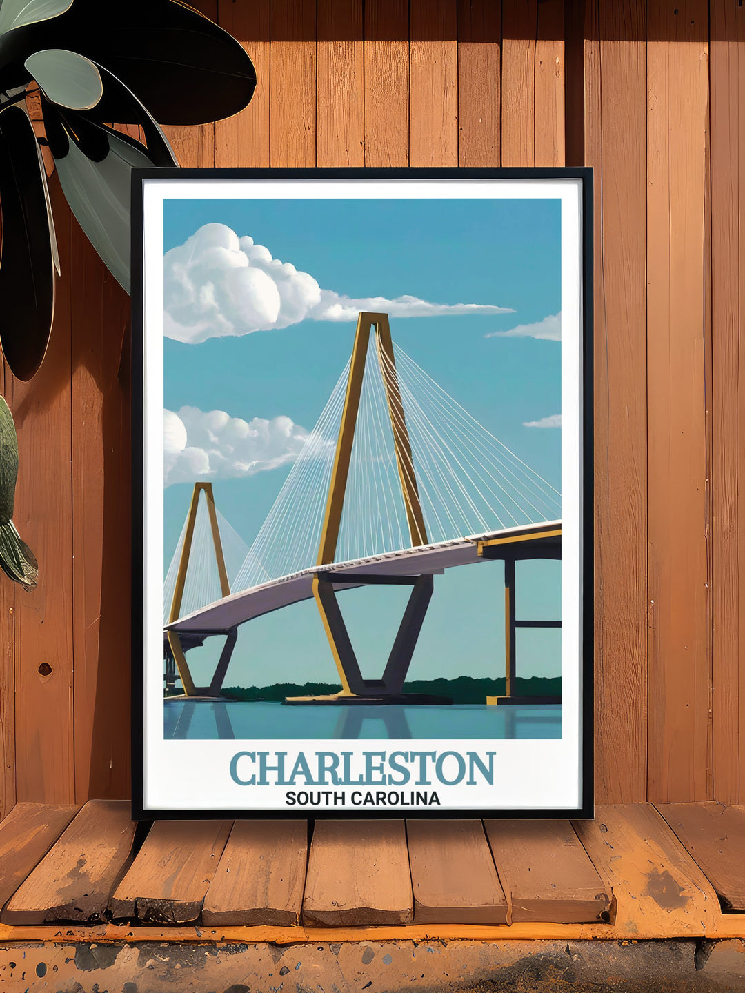 Arthur Ravenel Jr. Bridge modern art print featuring the bridges architectural elegance and vibrant cityscape ideal for Charleston travel enthusiasts and art collectors looking for unique home decor