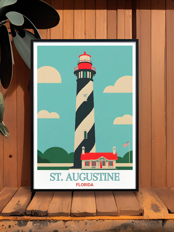 Celebrate Floridas maritime history with this travel print of the St. Augustine Lighthouse. Its vivid colors and historical context make it the ideal piece of art for anyone who loves coastal décor and Floridas iconic landmarks.