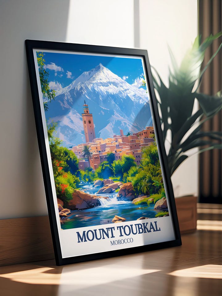 High Atlas mountains poster featuring the vibrant colors and intricate details of Moroccos highest peaks and traditional villages a perfect addition to any room and an ideal gift for trekking enthusiasts and adventurers.