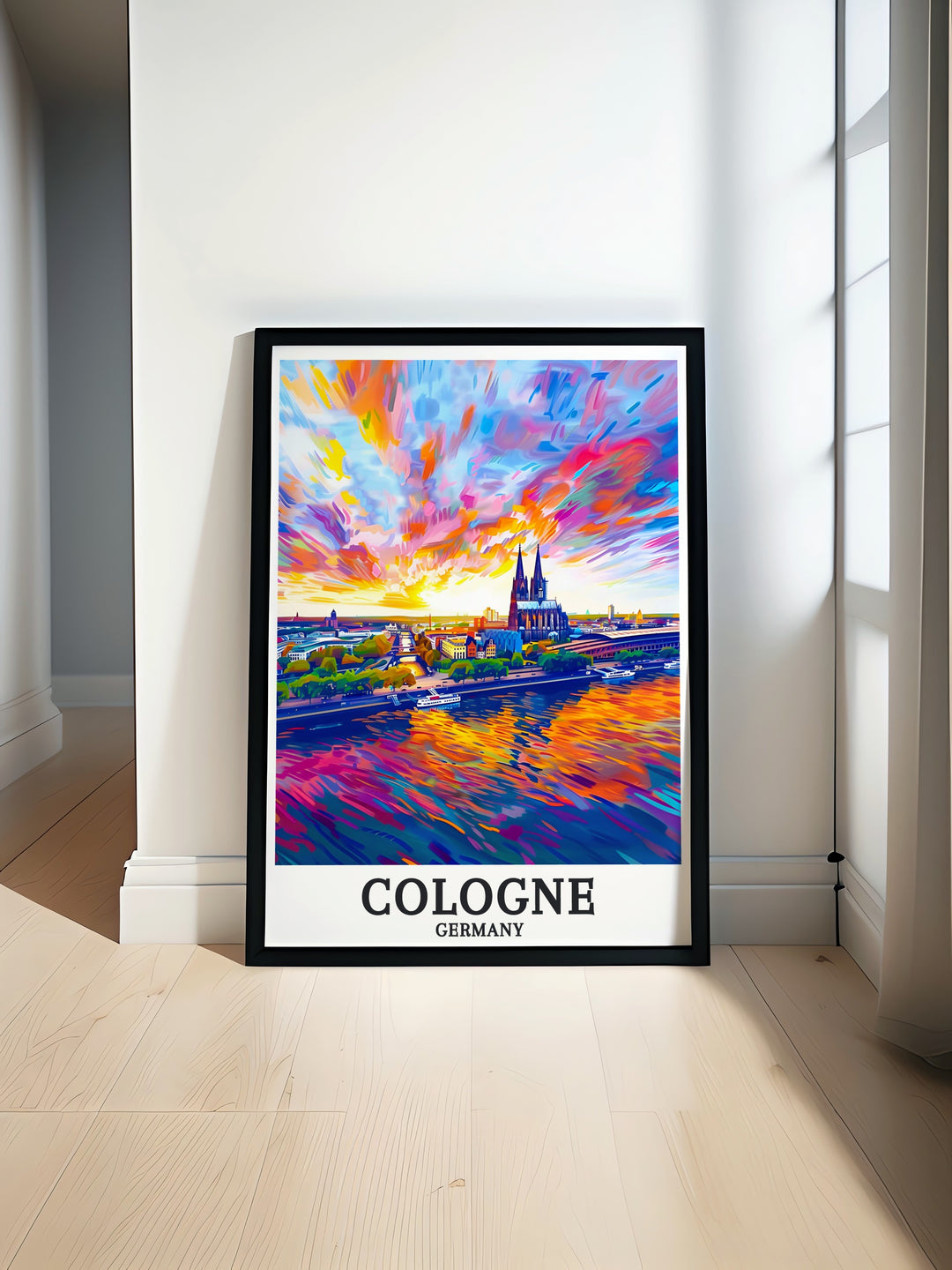 Cologne Cathedral and Rhine River modern prints capturing the architectural beauty of Germany perfect for adding a sophisticated touch to your living room decor Berlin travel art and Germany wall art come together to create an elegant home atmosphere