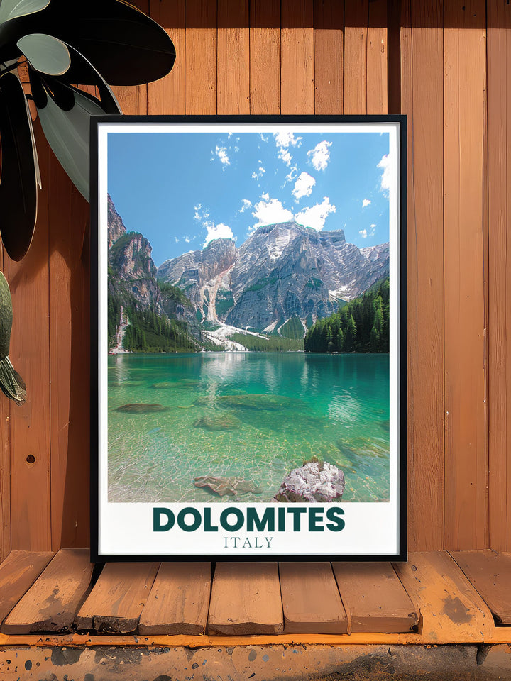 Captivating Lago di Braies Wall Art showcasing the picturesque views of the Dolomites Italy. Perfect for Italy home decor and travel enthusiasts. Add a touch of elegance to your space with this beautiful Italy print.