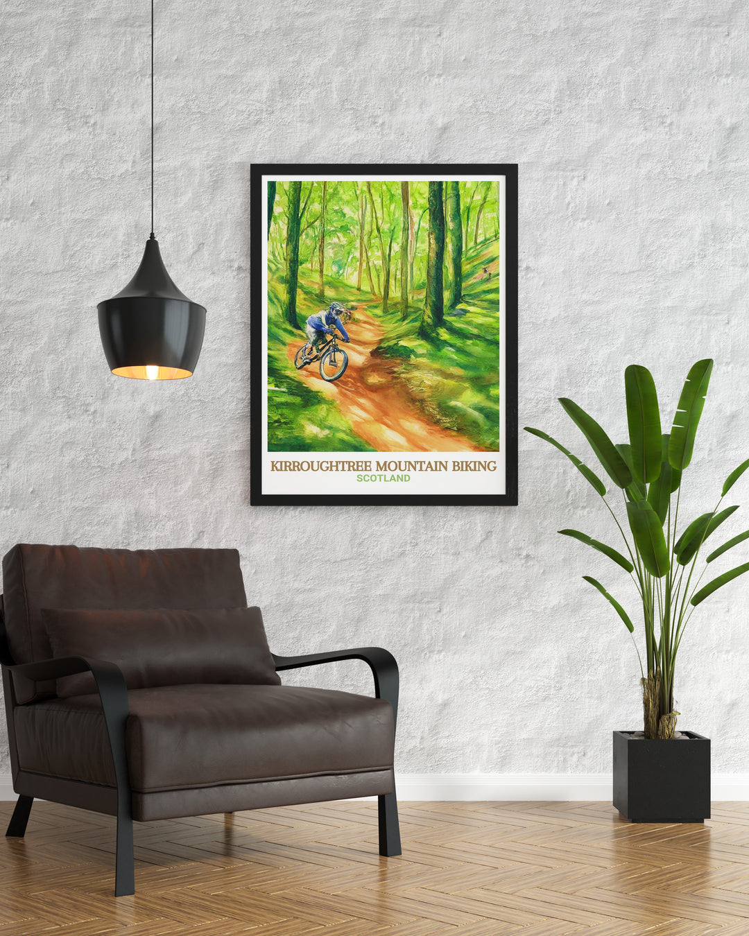 7stanes Kirroughtree travel print showcasing the popular mountain biking trails in Galloway. This canvas art brings the dynamic energy of the trails into your living space, offering a bold and adventurous piece of wall decor for any cycling fan.