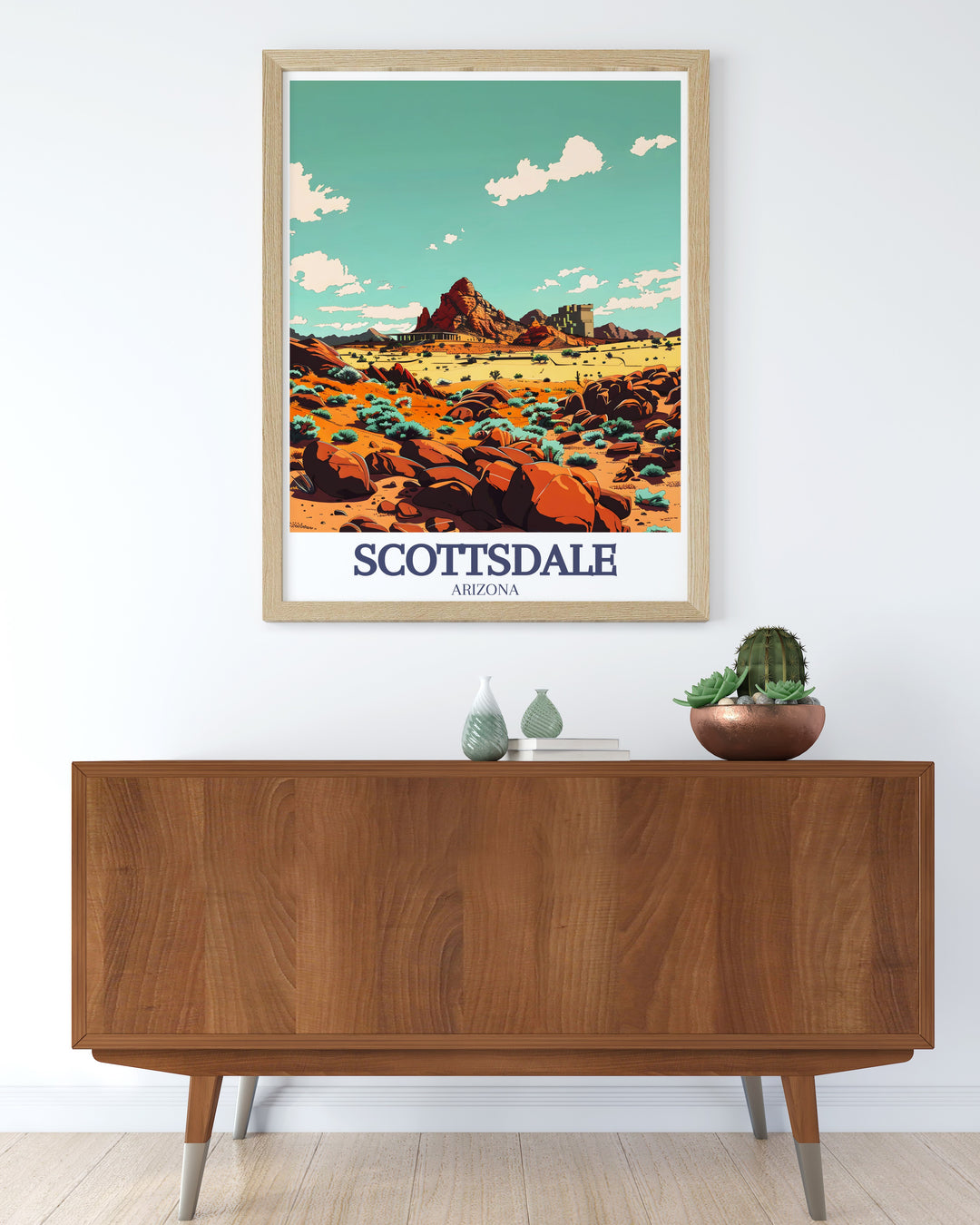 Featuring Scottsdales most famous landmarks, this vibrant poster captures Camelback Mountain, Taliesin West, and the citys cultural charm. Ideal for art lovers and travelers alike, this Scottsdale travel print will enhance any rooms décor.