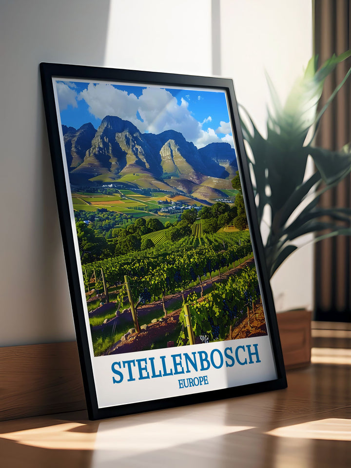 Experience the elegance of Stellenbosch with this detailed art print, showcasing the historic wine estates and picturesque landscapes.