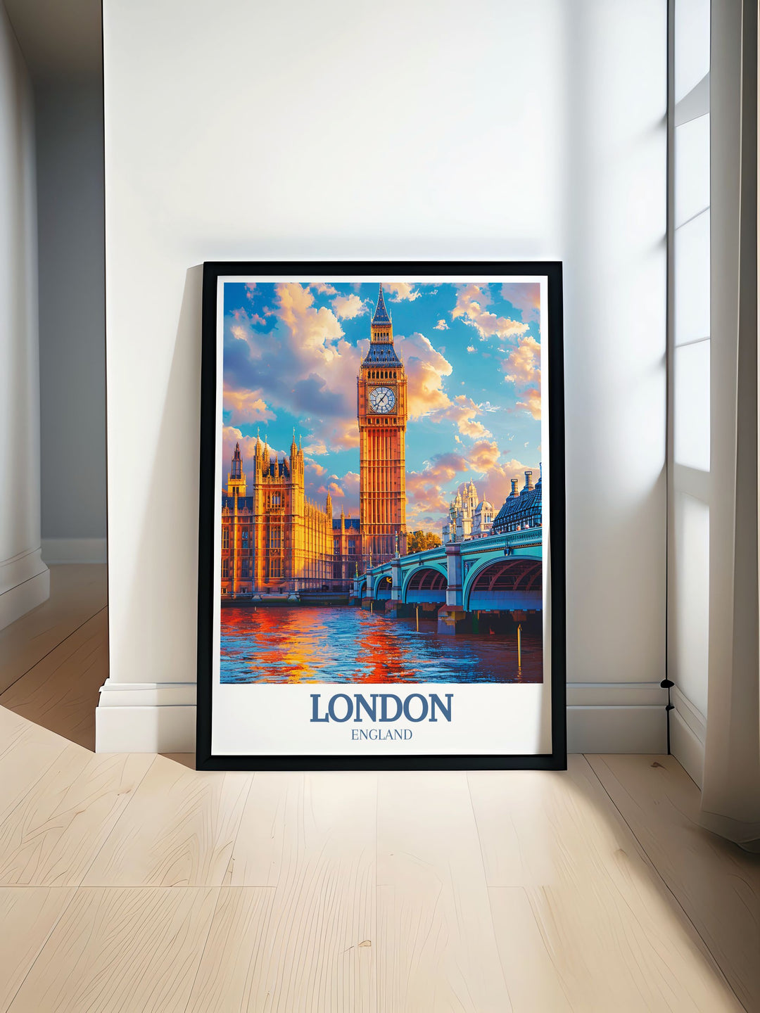 Big Ben and London Bridge modern print showcasing intricate details of iconic London landmarks. This stunning artwork adds a touch of elegance to any living room or home decor with its captivating representation of Londons architectural marvels.