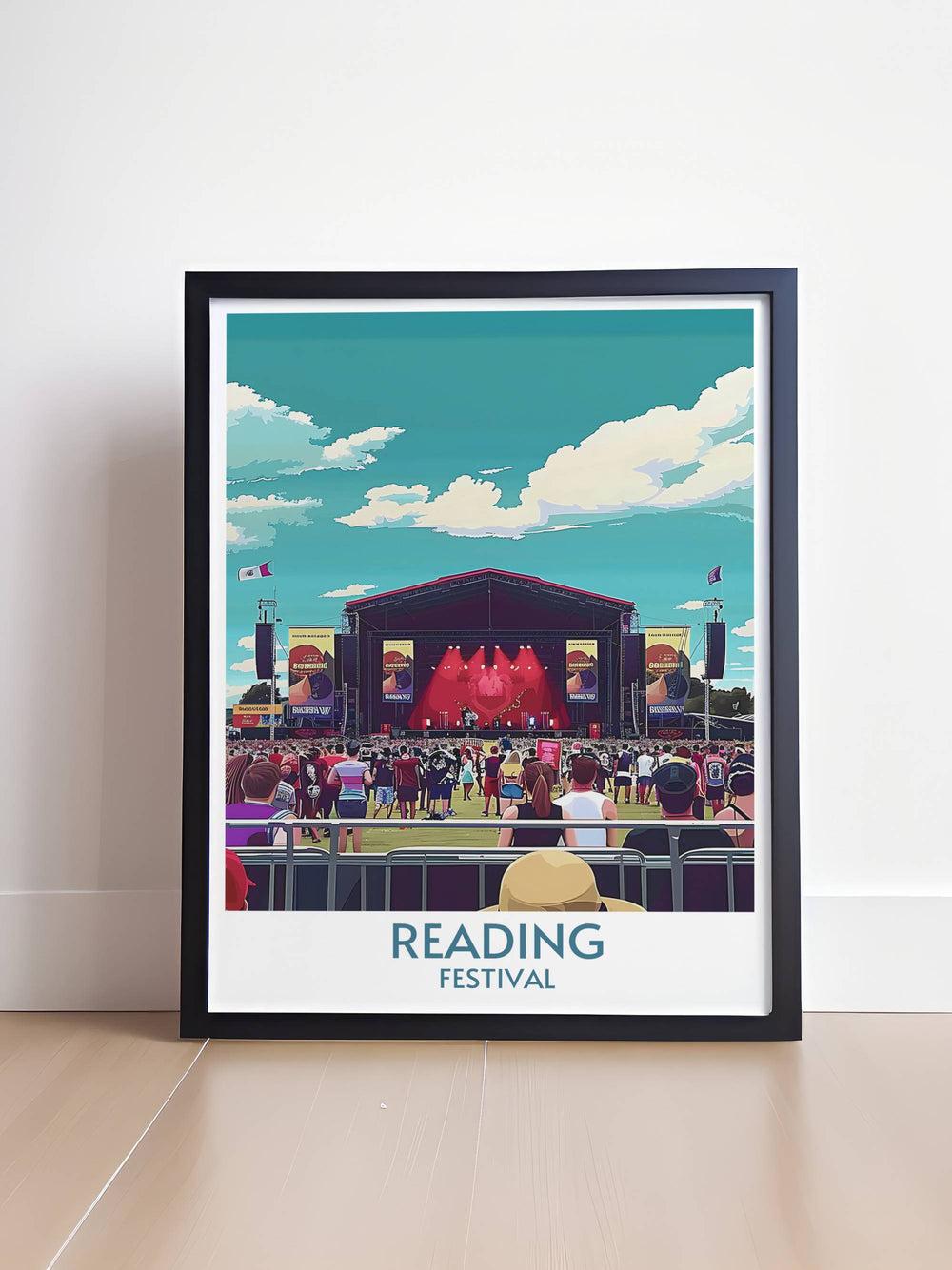 Main Stage artwork depicting the energetic atmosphere of the Leeds Festival with detailed illustrations of performers and festival goers in a modern design