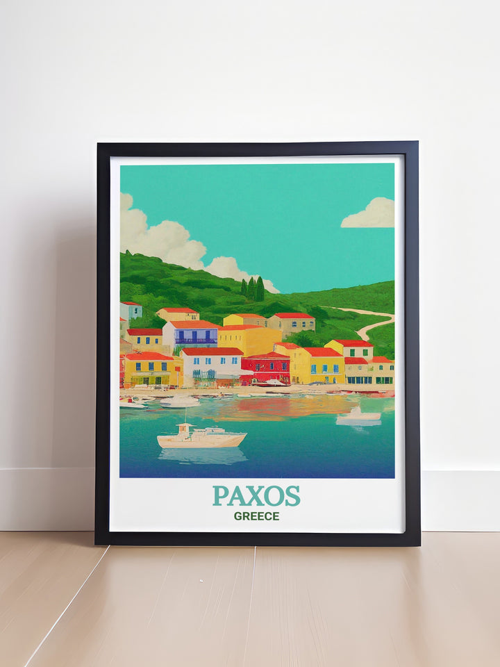 Greece travel poster showcasing the peaceful village of Gaios on Paxos island this artwork is a perfect addition to any home decor combining the beauty of Greece island art with vibrant digital illustration ideal for travel lovers and art enthusiasts