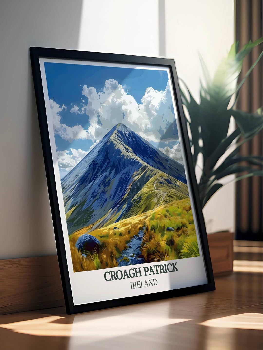 A breathtaking depiction of Croagh Patrick Summit and the iconic Croagh Patrick Trail capturing the spiritual journey and natural beauty of County Mayo Ireland. This Irish wall art print is ideal for travel enthusiasts and those who appreciate Irish history.