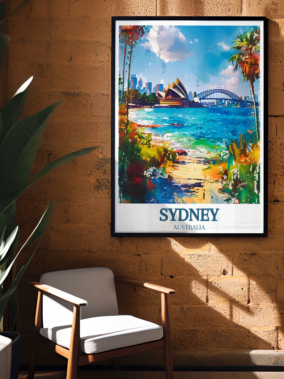 Timeless Sydney Opera House and Sydney Harbour Bridge artwork in a retro travel poster style perfect for decorating your home with a piece of Australian heritage and evoking a sense of adventure and beauty