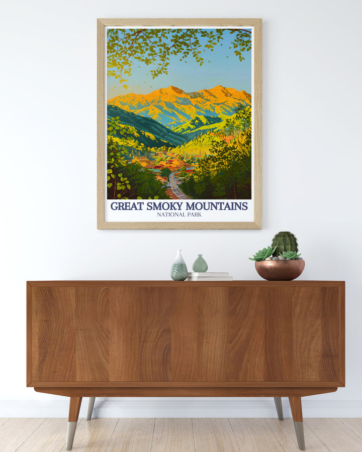 A stunning poster print of the Great Smoky Mountains featuring the scenic Newfound Gap Road and the charming town of Gatlinburg, perfect for home décor and nature lovers.