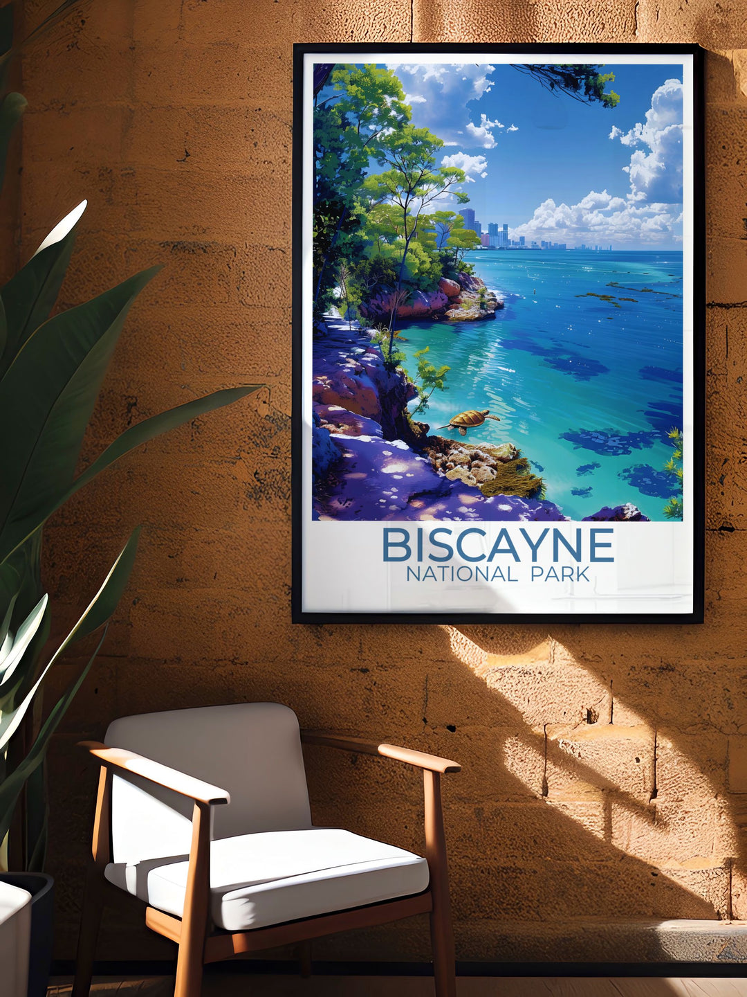 Stunning Biscayne National Park print highlighting the lush landscapes of Biscayne Bay Trail and the colorful coral reefs, ideal for nature enthusiasts and travel art lovers.
