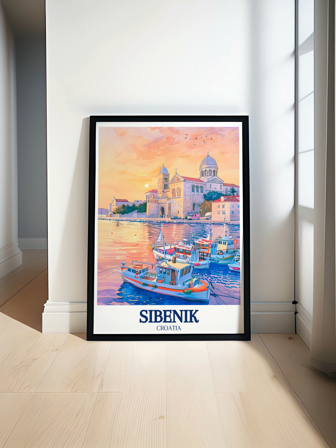 This Sibenik poster highlights the iconic St. James Cathedral and the peaceful Sibenik harbor, making it an ideal gift for travelers and history lovers. The detailed design brings out the best of Croatias Dalmatian coast, perfect for enhancing any living space.