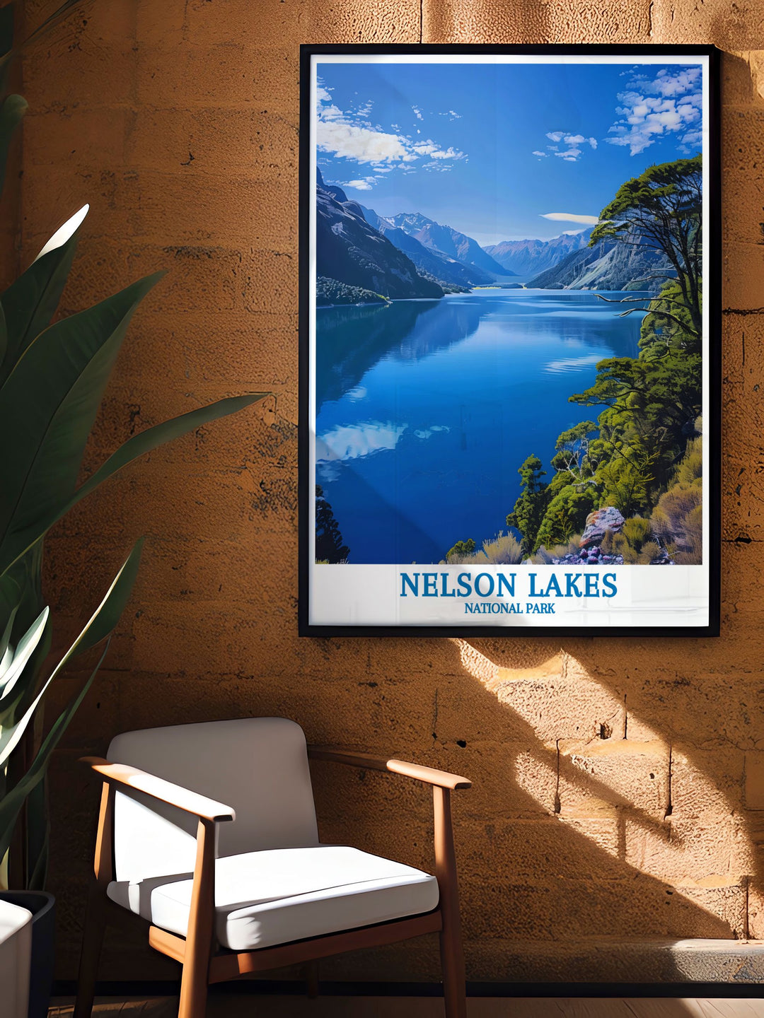 Stunning Nelson Lakes National Park home decor piece featuring a vintage print of the parks serene landscapes, offering a timeless treasure for those who appreciate the natural beauty of New Zealand and its national parks.