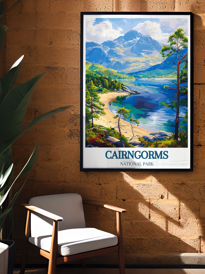 The picturesque scenery of Cairngorms National Park and the rugged allure of Cairngorm Mountain are featured in this vibrant travel poster, perfect for adding Scotlands unique charm and heritage to your home.