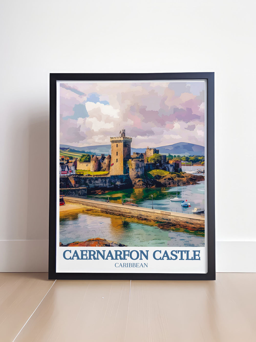 Beautiful Caernarfon Castle travel poster capturing the historic castle, the tranquil Menai Strait, and the breathtaking Snowdonia Ranger, perfect for enhancing your home or office with Wales iconic landmarks.