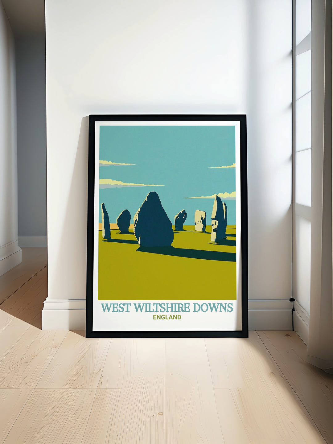 Avebury Stone Circle framed art showcasing the ancient stones that have stood for centuries, surrounded by the lush Wiltshire countryside. This vintage style poster is ideal for history lovers and those who appreciate Englands heritage.