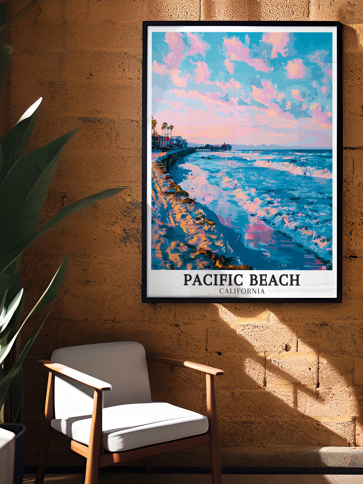 Featuring the timeless beauty of Pacific Beach, this art print captures Crystal Pier and the vibrant boardwalk. Perfect for any beach lovers home decor, it celebrates the relaxed charm of Californias coast.