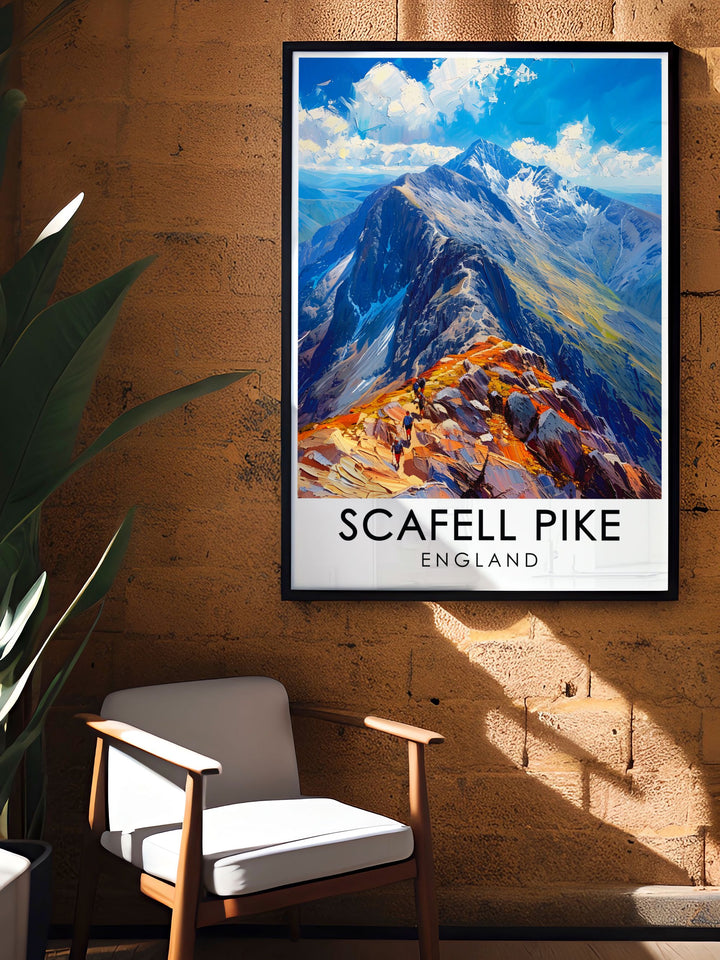 Vivid depiction of Scafell Pike summit, perfect for creating a focal point in any room. This travel poster is a great addition to any collection of Lake District art and England prints.