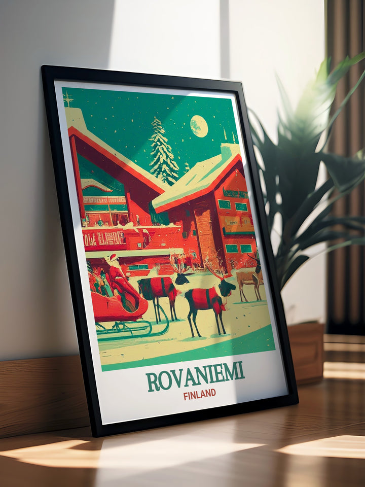 A festive art print of Santa Claus Village in Rovaniemi, Finland, featuring the famous Arctic Circle landmark. This wall art is perfect for Christmas lovers and adds a cozy, wintry feel to any room.