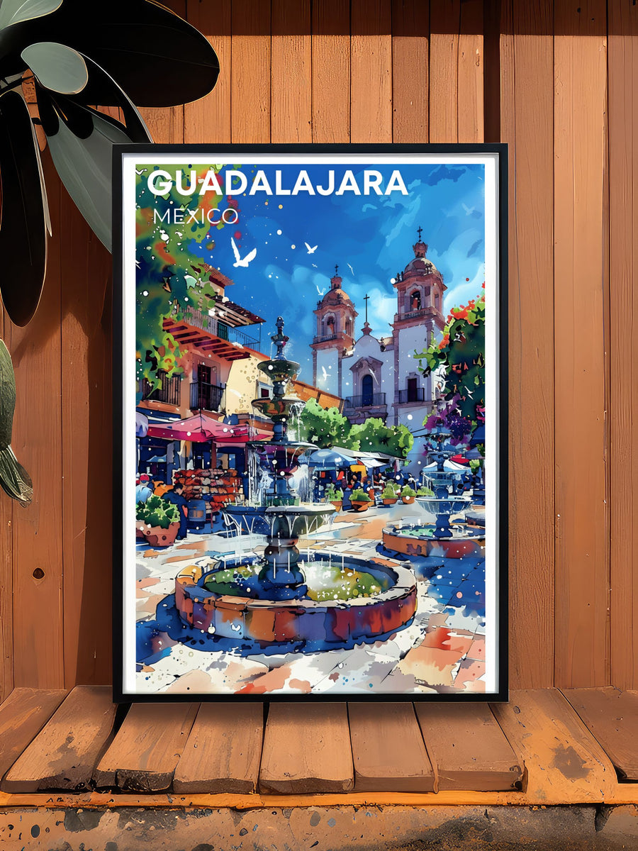 Featuring the bustling life and colorful art of Guadalajara, this travel poster captures the lively streets and vibrant energy of the city, ideal for enhancing any room.
