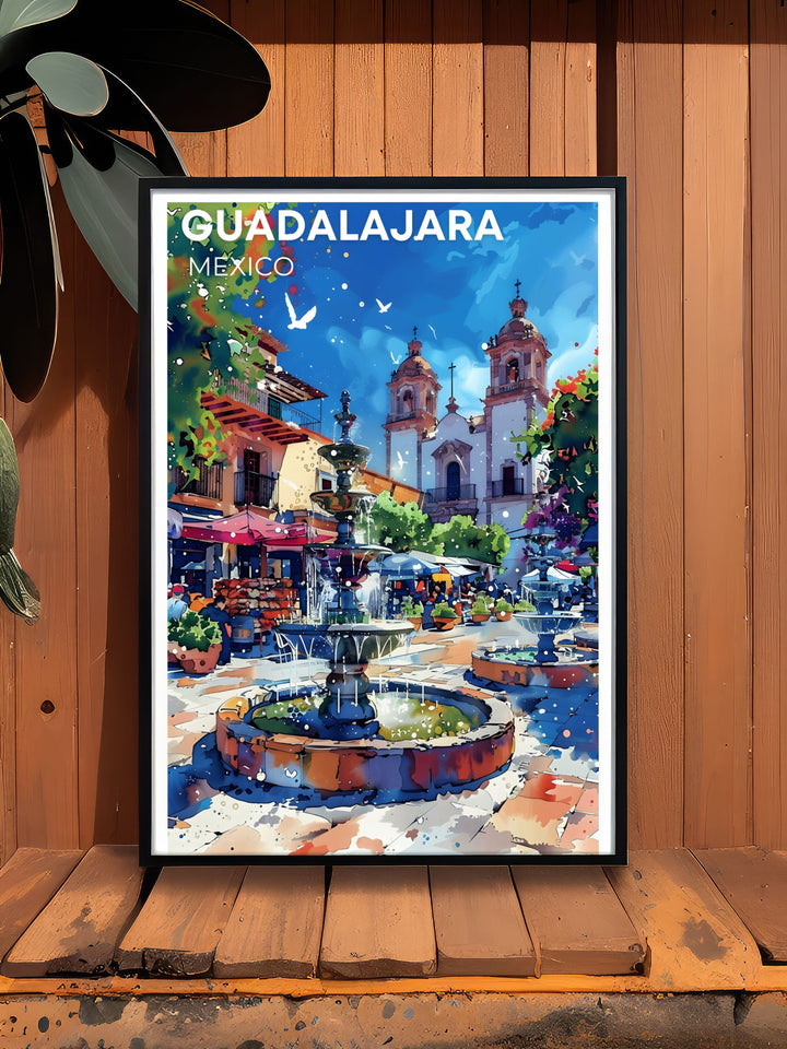 The Plaza Tapatía is beautifully showcased in this Guadalajara travel print. This artwork brings to life the lively atmosphere of the square, capturing the essence of Mexicos rich heritage in stunning detail. A perfect gift for travelers and art lovers alike.