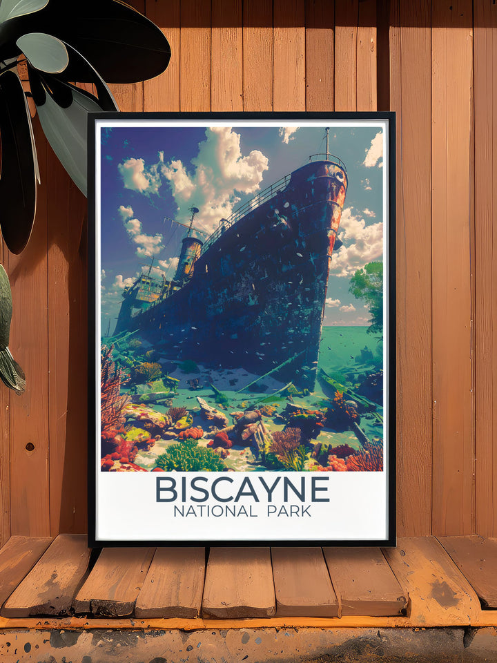 Captivating Biscayne National Park poster featuring The Maritime Heritage Trail and vibrant coral reefs, showcasing the parks natural beauty and historical charm. Perfect for adding a touch of adventure to your home decor.