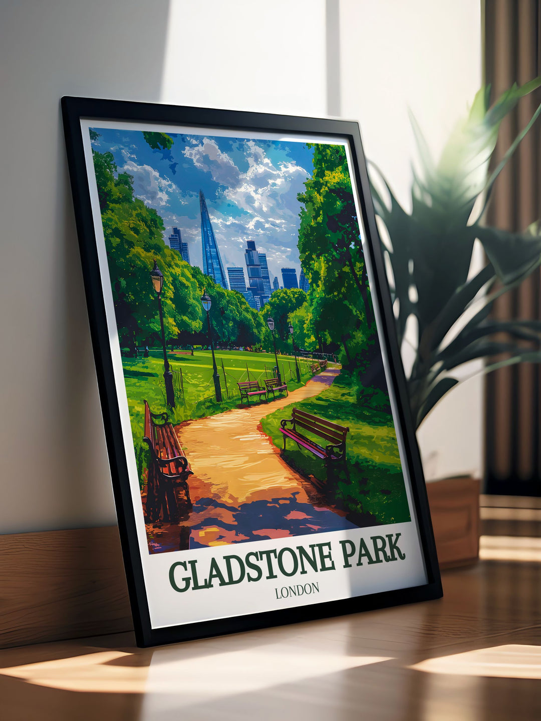 Vintage poster of Gladstone Park in Dollis Hill, capturing tranquil waters and picturesque gardens, ideal for adding peaceful greenery to your living space.