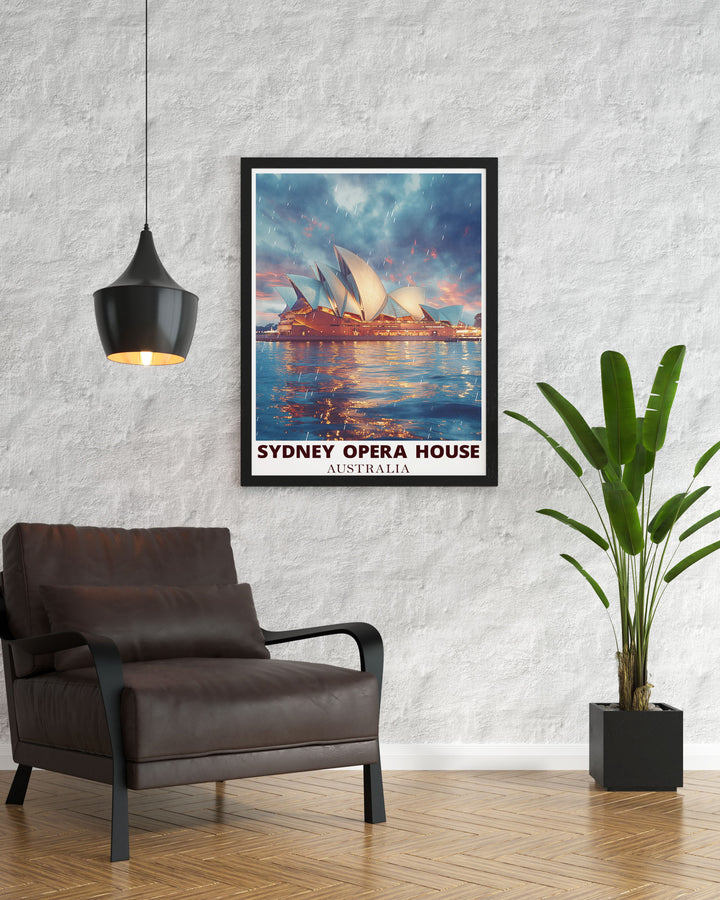 Retro travel poster of the Sydney Opera House and Harbour Bridge highlighting the unique charm and vibrant energy of one of Australias most famous cities perfect for framing