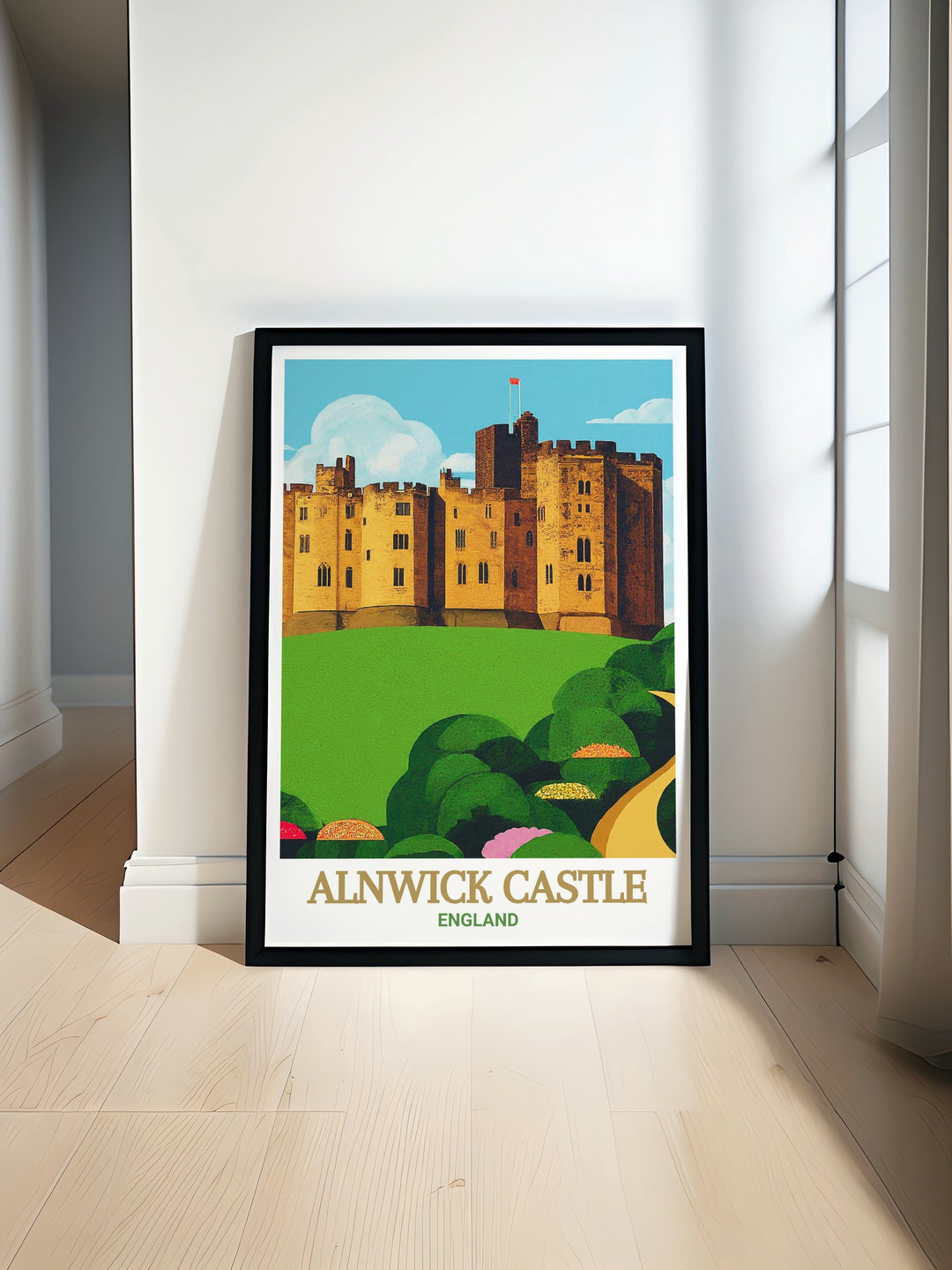 Alnwick Castle Travel Print highlighting the intricate details of this centuries old fortress in Northumberland. The artwork brings the castles rich history to life, offering a unique blend of historical and natural beauty that enhances any wall decor