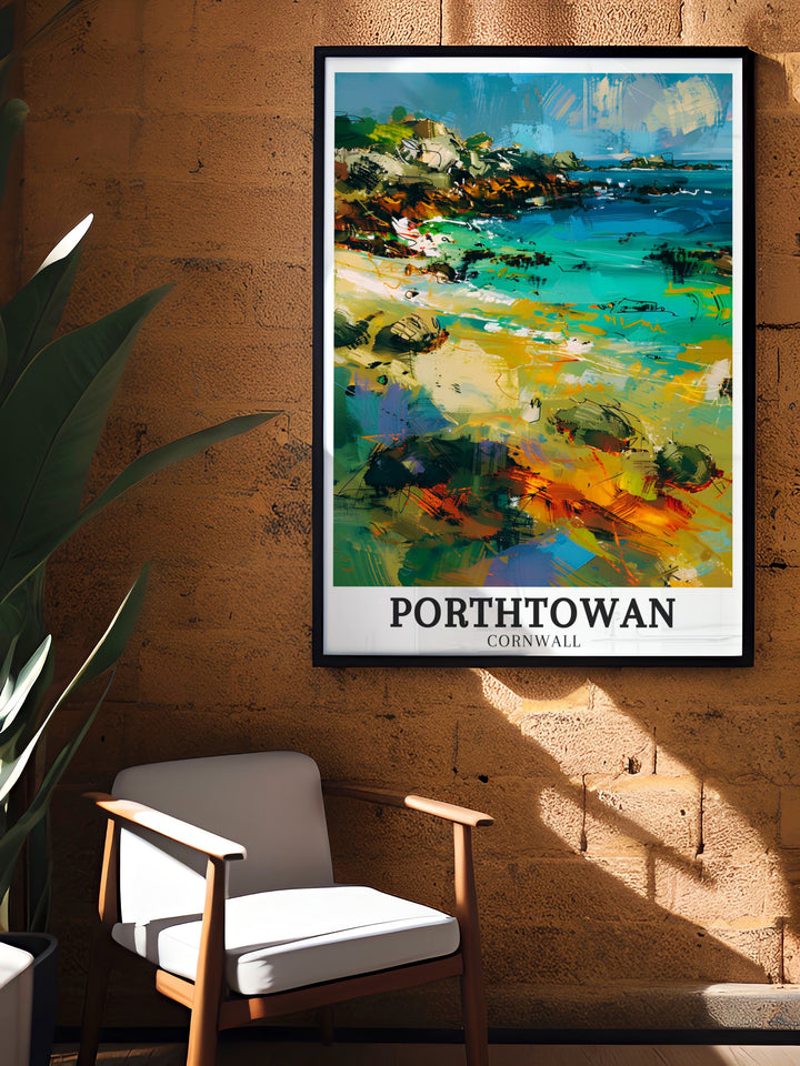 Elegant Porthtowan Beach artwork illustrating the vibrant sands and the serene harbor of Portreath. The detailed print offers a glimpse into the unique beauty of Cornwalls coastal destinations, making it a cherished piece for any lover of Cornwall travel art