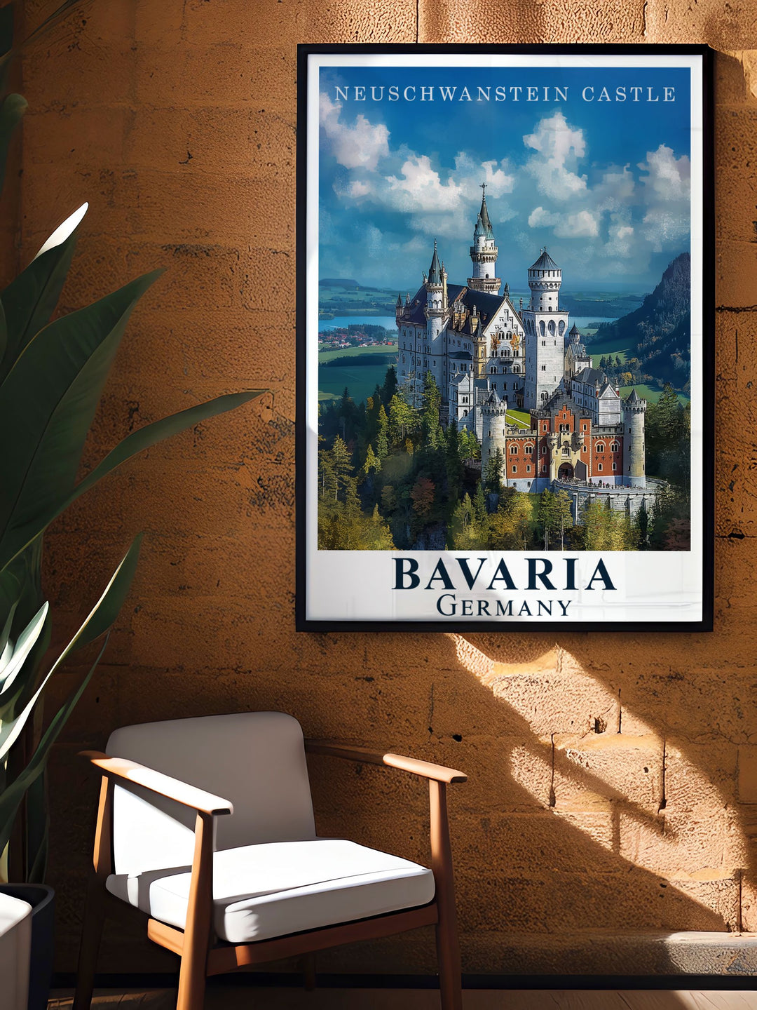 Neuschwanstein Castle vintage print adding a nostalgic flair to your decor. Perfect for those who cherish the charm of yesteryears this art piece blends history and beauty seamlessly.
