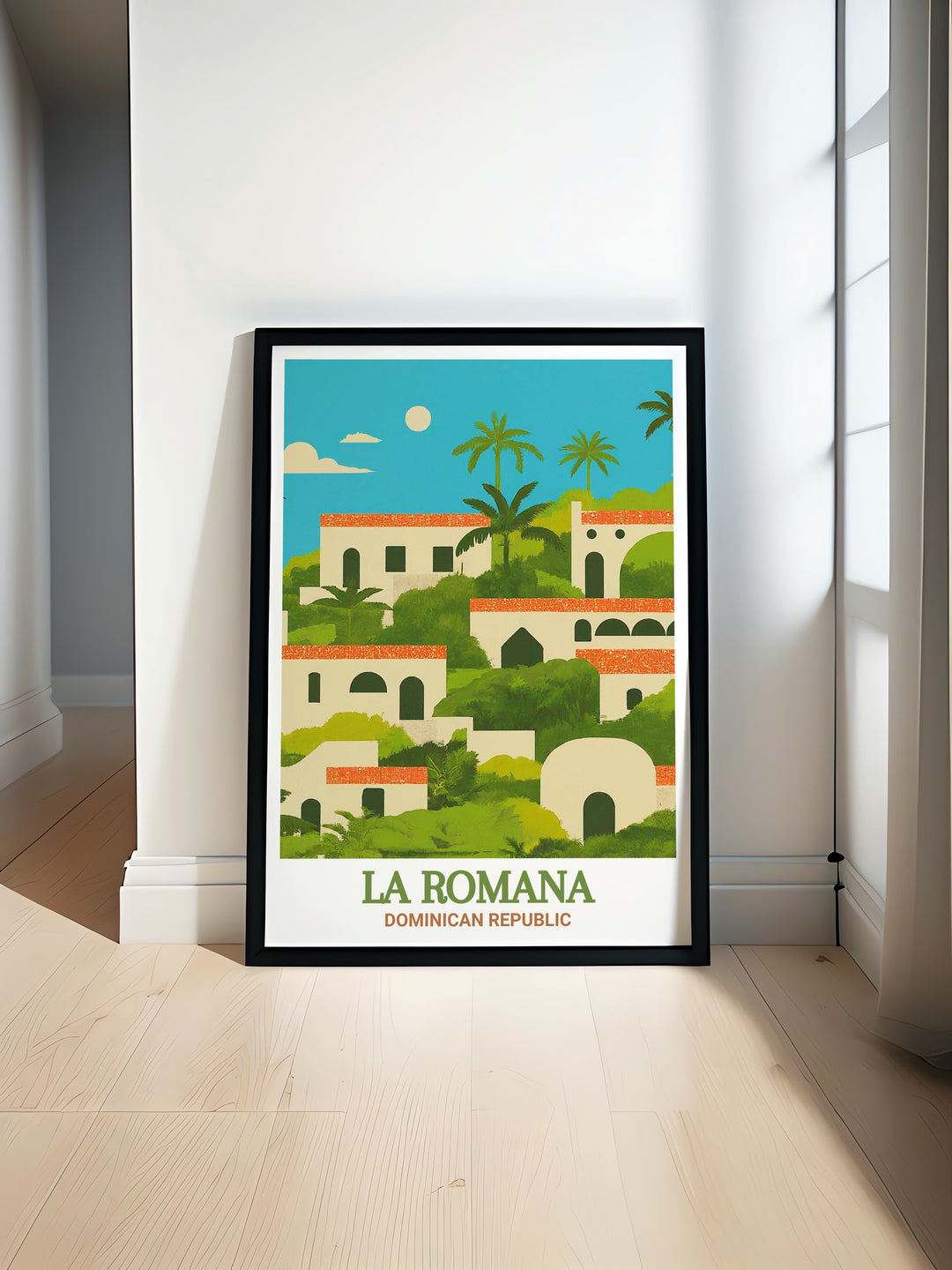 The vibrant streets of La Romana come to life in this travel print, featuring the historic Altos de Chavón with its stunning colonial architecture and picturesque river views. The artwork perfectly encapsulates the cultural richness of the Caribbean.