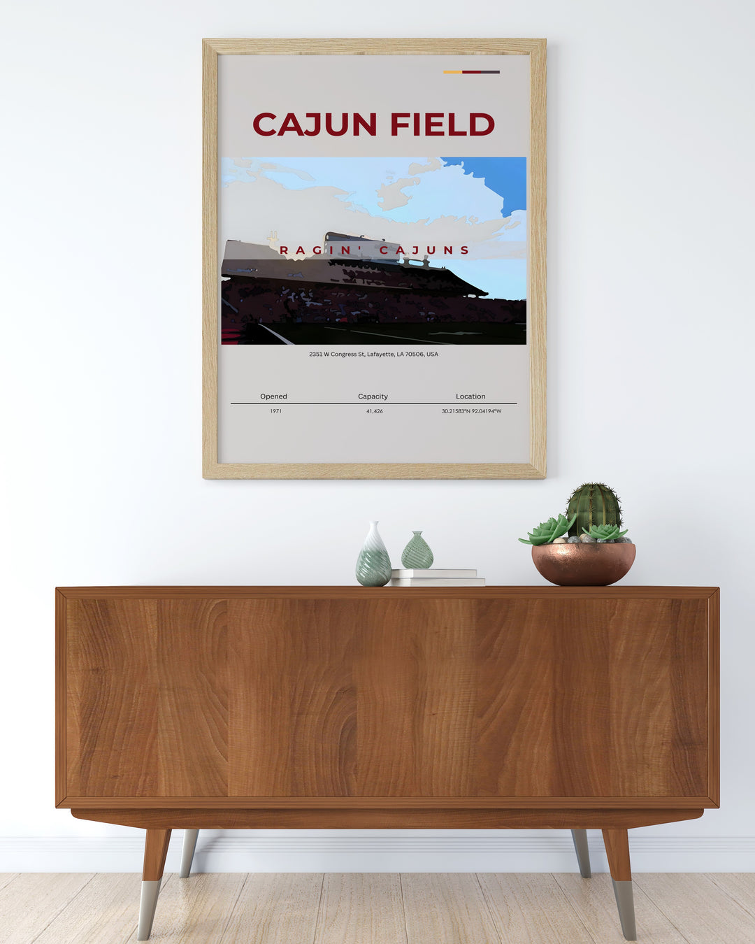 Stunning Cajun Field print featuring Ragin Cajuns football. This college dorm poster combines retro charm and modern art making it a great addition to any space from dorm rooms to living areas. Perfect for sports fans or as a thoughtful gift.