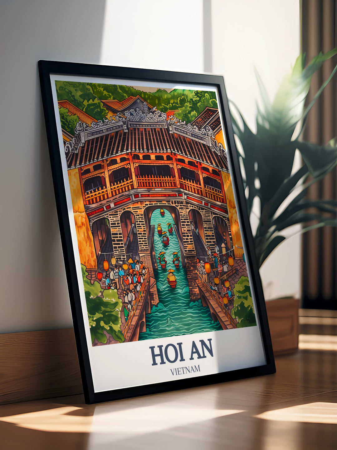 A detailed travel print of the Japanese Covered Bridge, highlighting its historical significance in Hoi An, Vietnam. This artwork adds a touch of cultural elegance to any room and is ideal for those who appreciate architecture and travel.