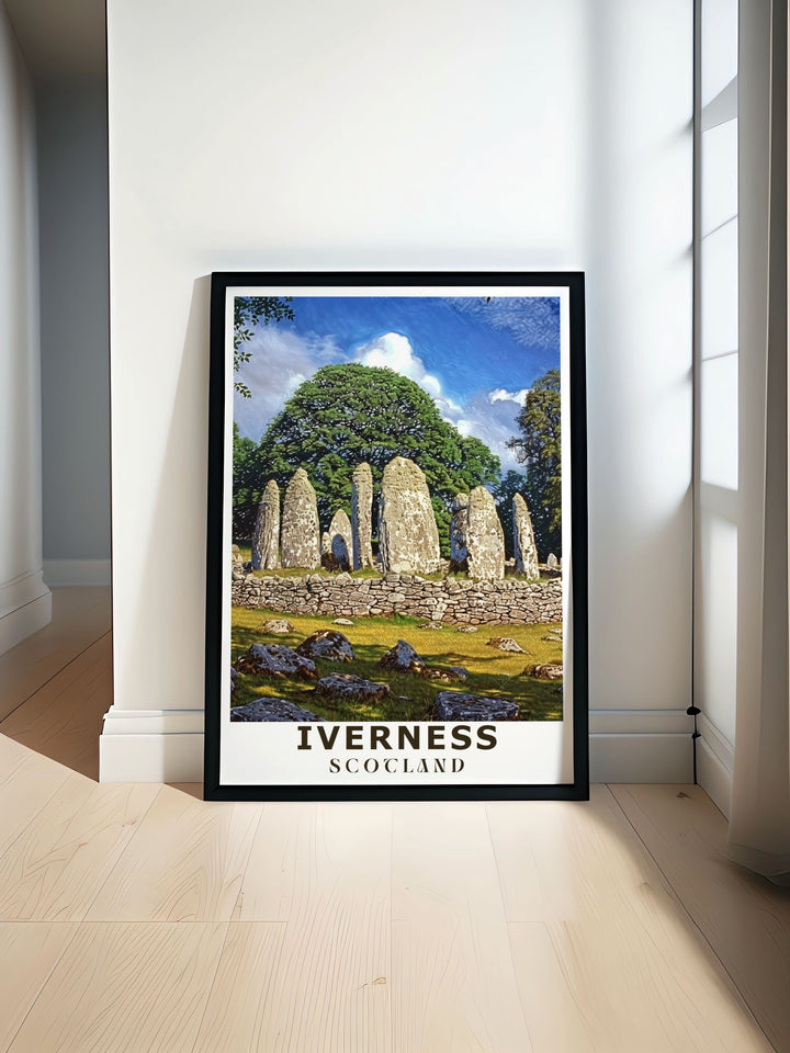 Travel poster depicting the ancient Clava Cairns standing stones near Inverness, Scotland, showcasing their mysterious and historical significance.